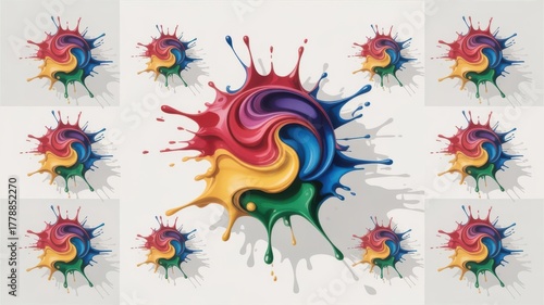 Vibrant rainbow paint splashes arranged in a circular pattern