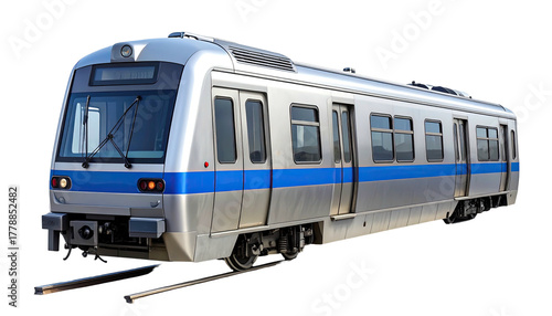 Gleaming silver subway car with blue stripe on a dark background