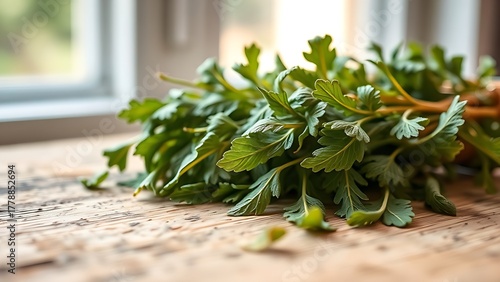 tolerable. Close-up of dried lovage leaves on a wooden rack with natural morning light. gardening catalogs, home-decor guides, designed for home decor and floral branding, used by sports marketers.