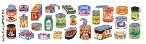 Canned food, preserved goods in metal tin containers, jars, storage packages. Eating, snacks in cans set. Conserved beans, fish, meat, vegetables. Flat vector illustration isolated on white background