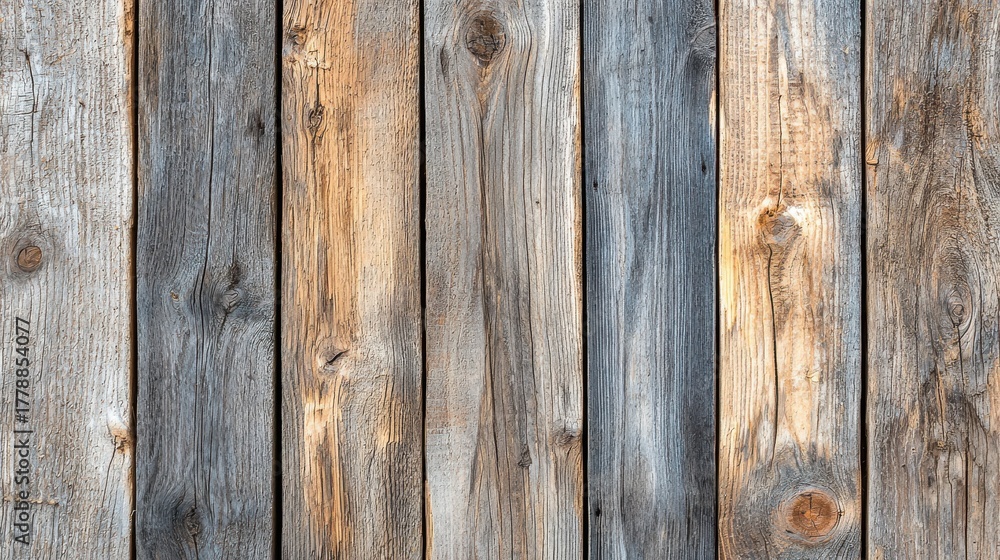 Naklejka premium Reclaimed wood surface weathered vertical planks natural grain texture rustic barn boards gray brown aged patina authentic vintage lumber background