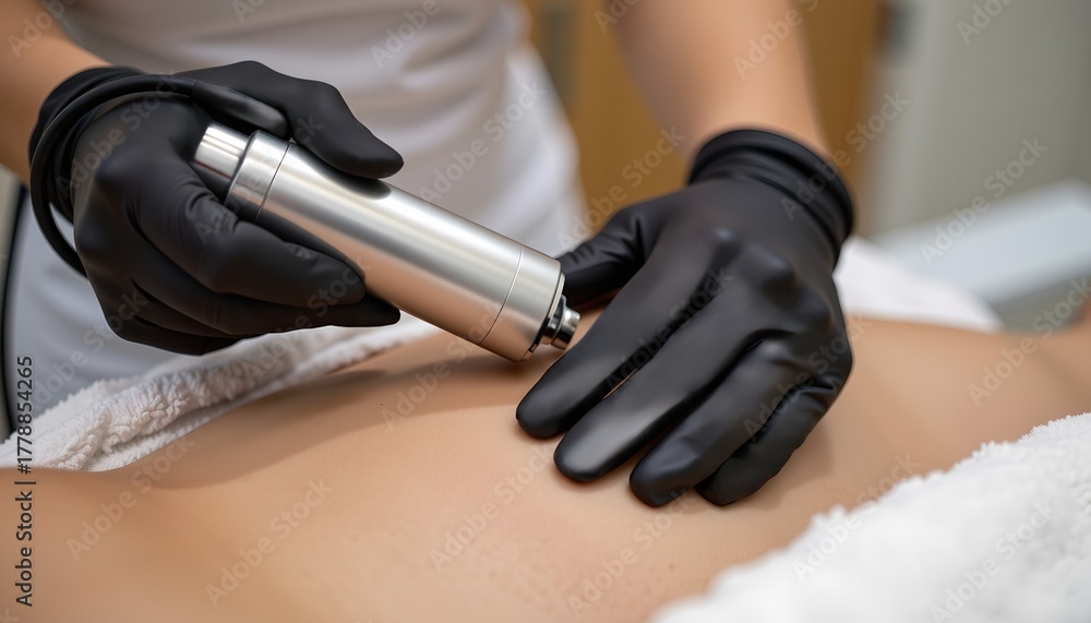 Fototapeta premium Handheld body-contouring device applied to abdomen by clinician wearing gloves.