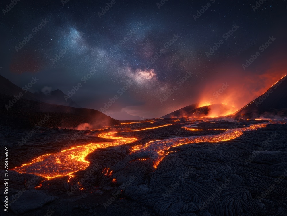 Fototapeta premium Lava flows under a starry night sky create a breathtaking scene of nature's power and beauty