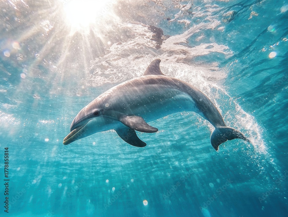 Naklejka premium Dolphin swimming gracefully in clear ocean water with sunlight filtering through the surface