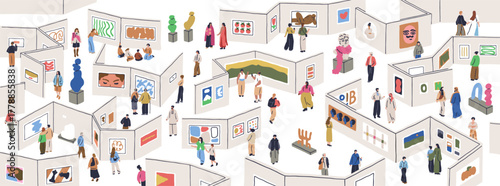 Modern art gallery. Tiny people visiting exhibition hall, biennale event with contemporary artworks. Visitors looking, viewing abstract exhibits, paintings, sculptures. Flat vector illustration