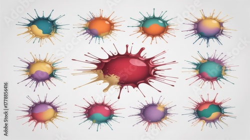 Collection of colorful abstract paint splatters and splashes on a light background