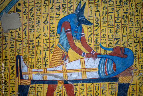 Ancient Egyptian Tomb Painting of Anubis Embalming the Mummy of Sennedjem
