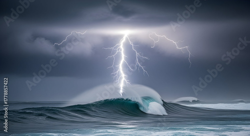 Fototapeta Naklejka Na Ścianę i Meble -  A dramatic scene of a lightning strike over a large ocean wave under a stormy gray sky landscape