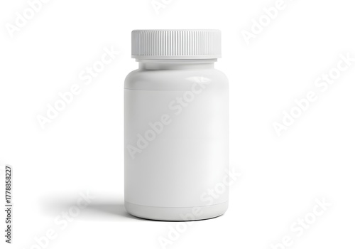 A white plastic bottle for medicine with a blank label is isolated for packaging or pharmaceutical use
