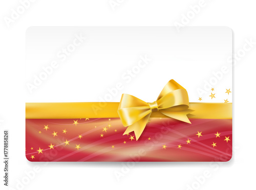 Elegant festive gift card design with a shiny golden ribbon and bow on a red background decorated with glowing stars, holiday greetings, gift vouchers, Christmas, New Year, or celebration invitations.