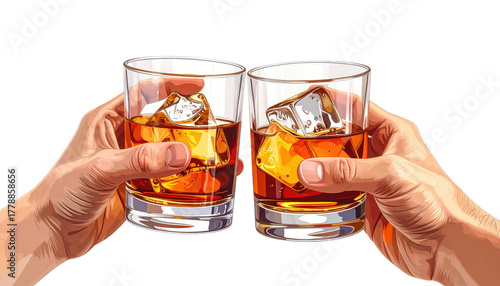 Toast Two hands clinking glasses of amber liquor with ice cubes