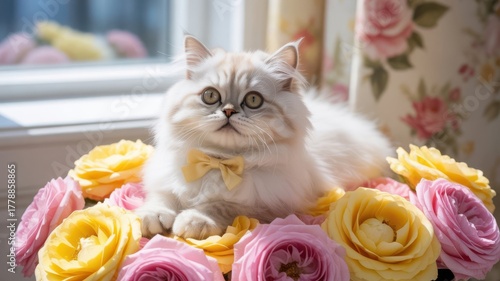 Adorable fluffy kitten sitting in a bouquet of colorful roses