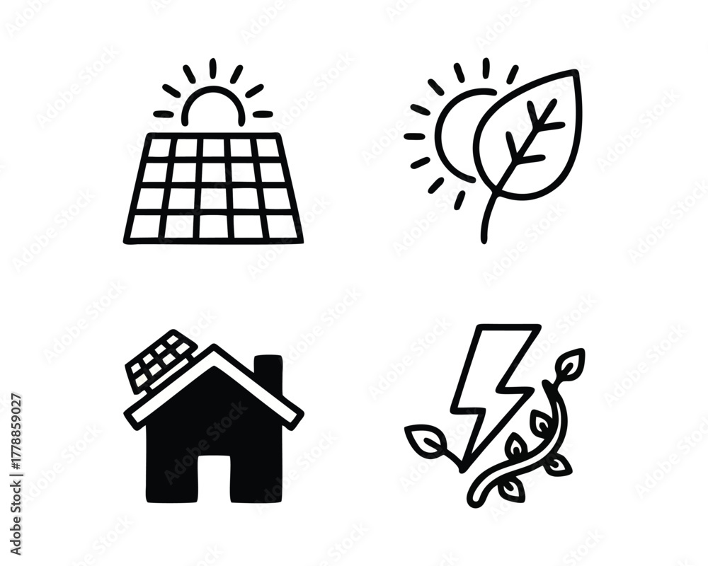 Fototapeta premium Renewable Energy and Solar Power Icons: Green Technology Line Art Set
