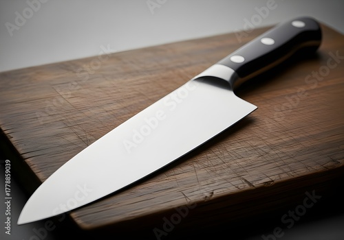 A sharp steel chef knife, essential kitchen cooking equipment, rests on a wooden cutting board
