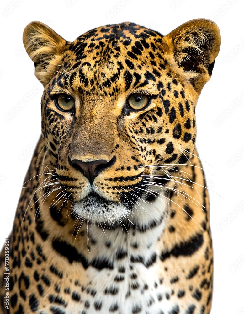 Obraz premium A stunning studio portrait of a majestic big cat against a stark white backdrop. The animal stares forward, showing its detailed markings