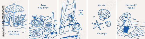 Dolce Vita doodle card designs. Italian summer vacation posters set. Sketch drawings, holiday sea resort, sand beach with umbrella, picnic, yacht, seashells and lettering. Drawn vector illustrations