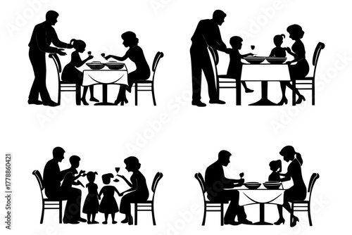 set of Family reunion dinner silhouette vector illustration isolated on white background