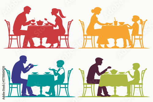 set of Family reunion dinner silhouette vector illustration isolated on white background