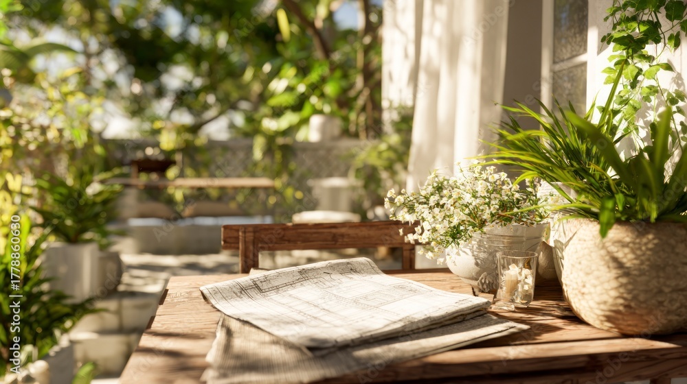 Fototapeta premium Outdoor patio table with newspaper