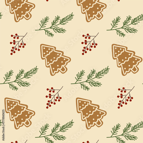 Festive gingerbread cookies and greenery pattern for holiday decorations and crafts in cozy winter setting