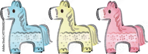 2026年　干支　午年　馬の北欧風モチーフ　水彩　手描き　年賀状デザイン　イラスト素材