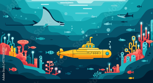 Golden submersible navigating a colorful coral reef, a flat design illustration of deep-sea exploration and marine life discovery