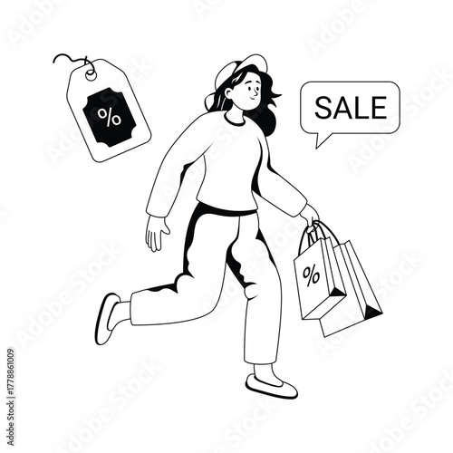 Excited woman running with shopping bags during sale, Glyph illustration