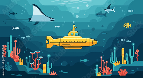 Journey to the bottom of the sea in a yellow submarine, discovering a beautiful underwater landscape with diverse marine animals