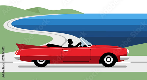 Embrace the open road adventure with a classic red convertible, symbolizing freedom and joy on a picturesque coastal drive