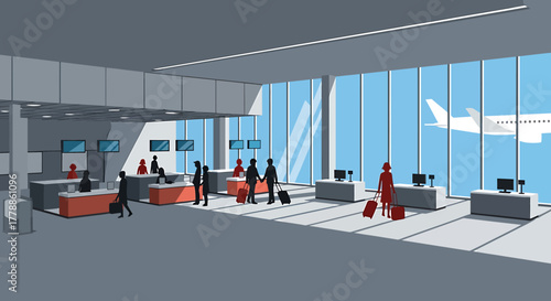 Modern airport terminal departure lounge with passengers queuing at check-in desks before their flight, a plane visible through the window