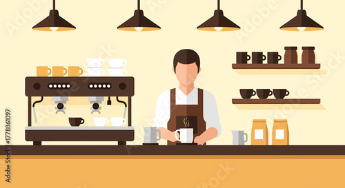 Barista preparing coffee at a counter with espresso machine and cups
