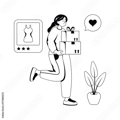 Happy customer receiving online shopping parcels, ready to use Glyph illustration