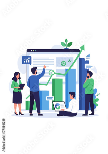 Business team analyzing growth charts and financial data on a digital screen, illustrating economic progress and strategic planning for success