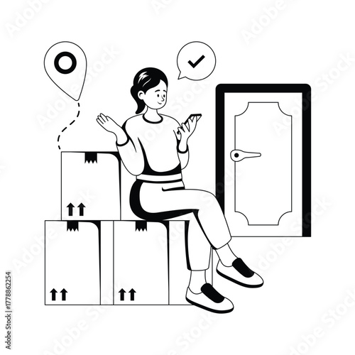 Glyph illustration of a woman checking mobile for parcel delivery