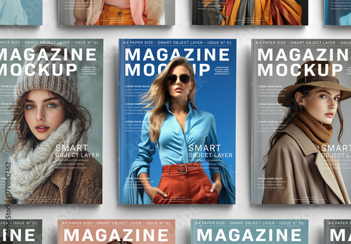 Magazine Covers Lined Up on White Background Mockup