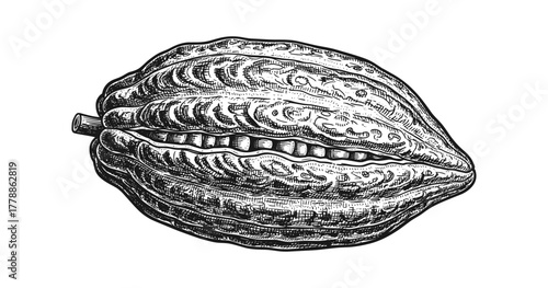 Detailed engraved cocoa pod in vintage style on white background
