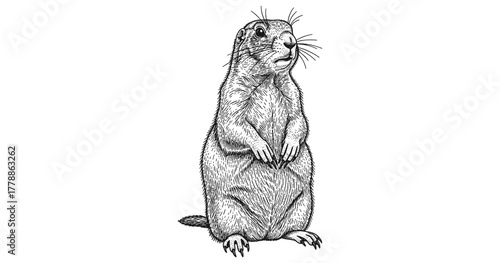 Detailed sketch of a standing groundhog with whiskers and claws