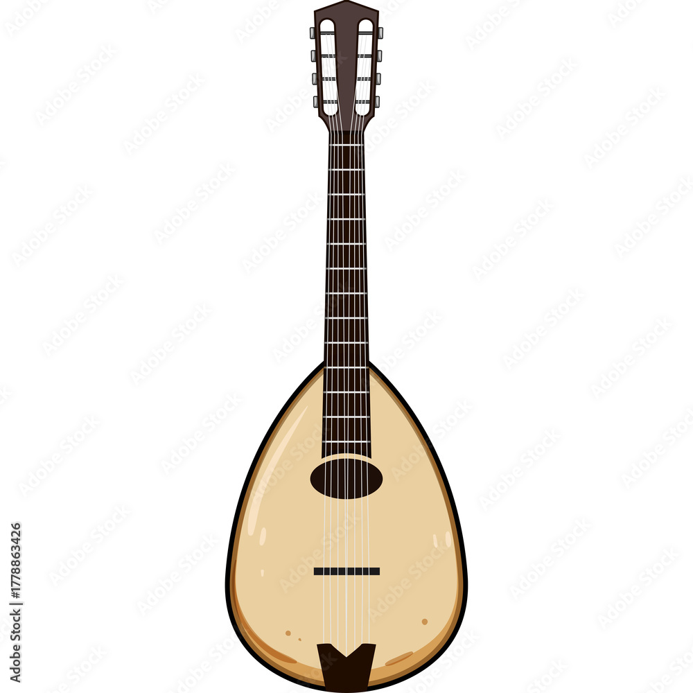 Naklejka premium Acoustic Stringed Instrument with a Pear Shaped Body and Long Neck on a White Background Isolated