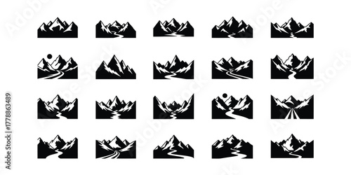 Assorted mountain range silhouettes Valley isolated on white background for design needs