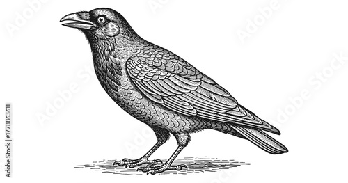 Detailed black and white line art of a crow with intricate feather patterns