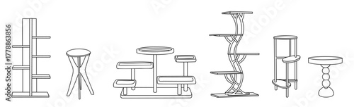 Minimalist line art vector illustration of various wooden plant stands and planters. Modern home decor and indoor gardening design isolated on transparent background.