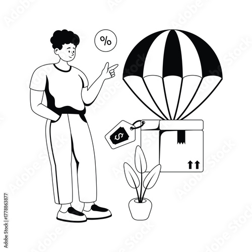 Trendy Glyph illustration of product package delivered safely via parachute.