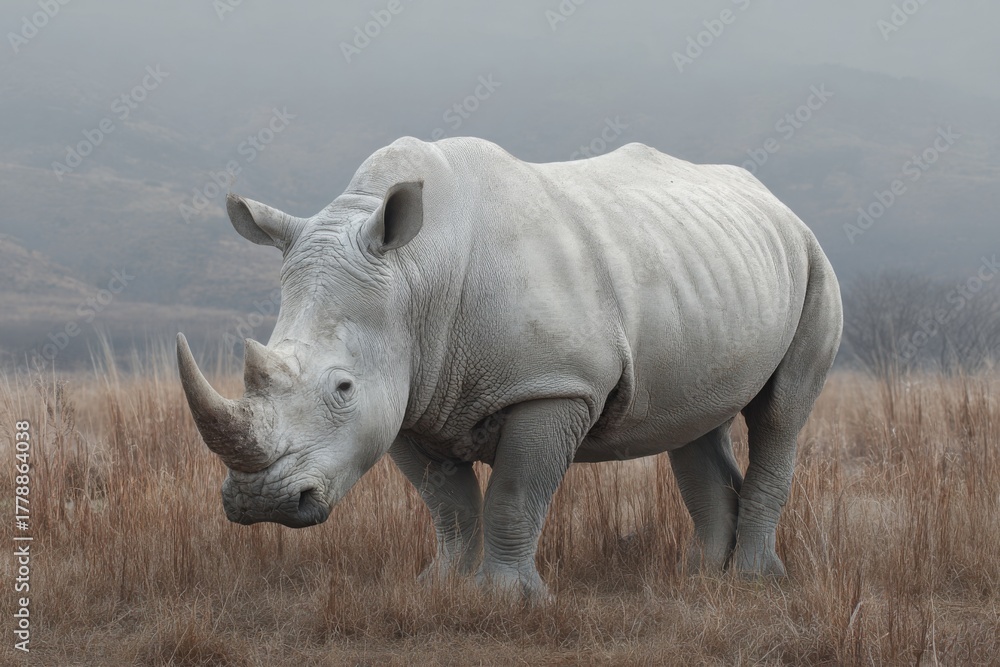 Obraz premium White rhinoceros stands amid grass in wildlife reserve, showcasing strength and grace during early morning light under a misty sky in its natural habitat