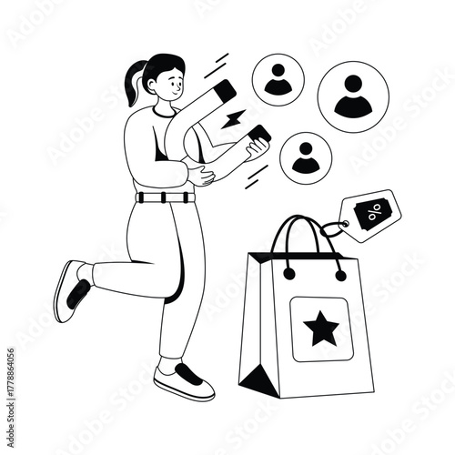 A woman holding magnet and attracting customer, customer attraction concept vector