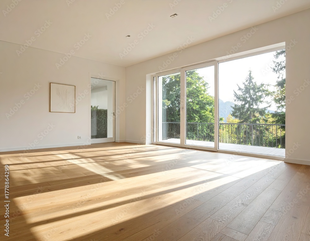Obraz premium Sunlit Modern Empty Room with Wooden Floor and Large Windows Overlooking Green Trees