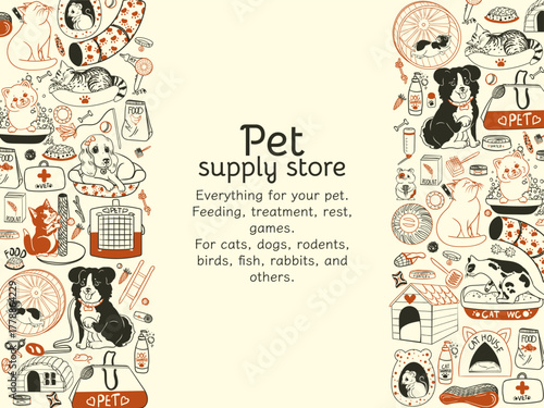 Vector frame for a pet store. Banner with pet care products. Graphic elements for feeding, treating, caring for, playing with, and relaxing cats, dogs,turtles, fish, rabbits, parrots and rodents