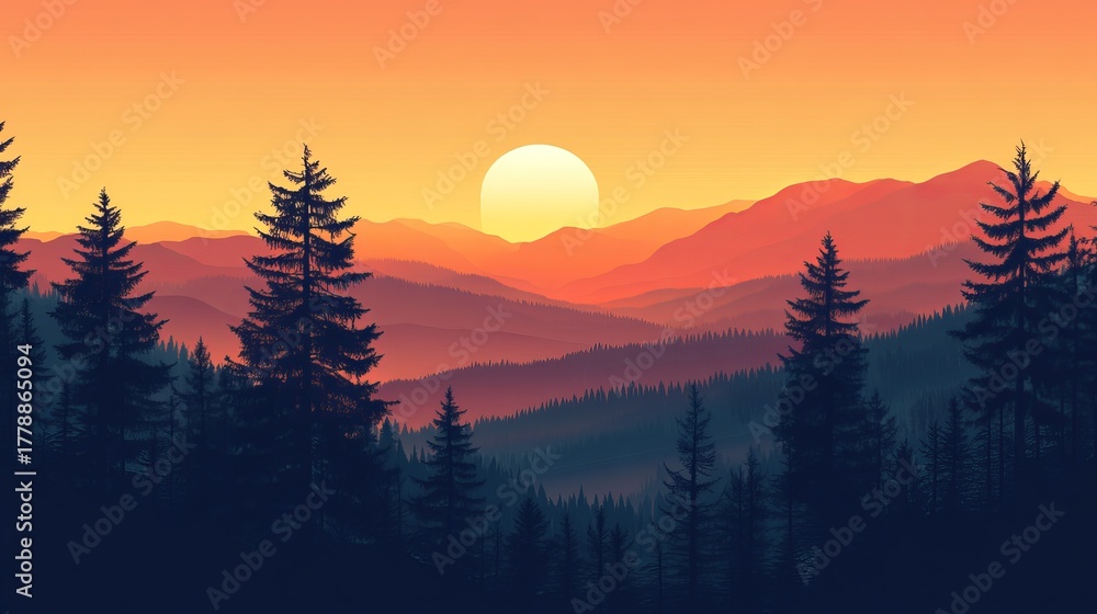 Fototapeta premium Sunset and silhouettes of trees in the mountains