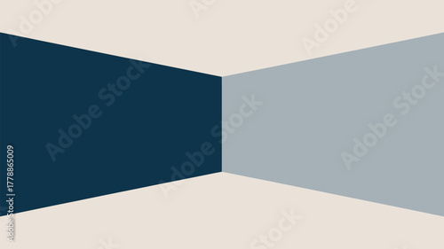 A corner of a room with a dark blue wall a light gray wall and a cream colored floor and ceiling