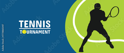 Tennis tournament background, silhouette of athlete holding racket. Simple and editable.