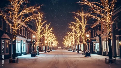 Snowy street adorned with festive lights during the christmas holiday season